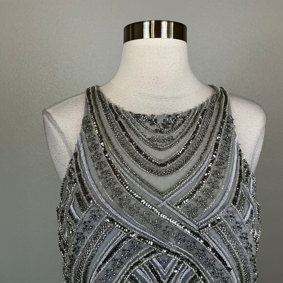 Betsy & Adam Beaded Chiffon Evening Gown Gray Size 8 Cut Out Thigh Slit Formal - Picture 7 of 13